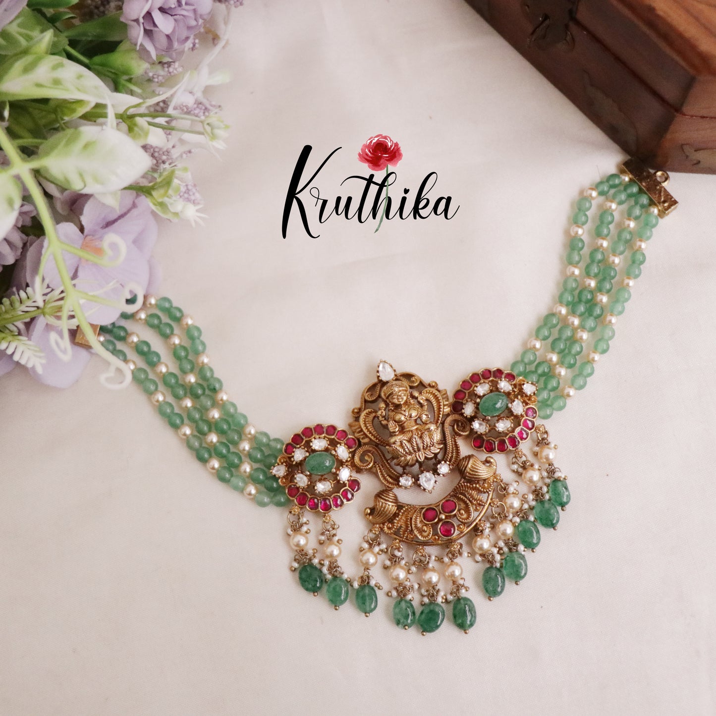 Beautiful Lakshmi Peacock Jadau Chocker Beads NC2106 (Available in 2 Colour Beads)