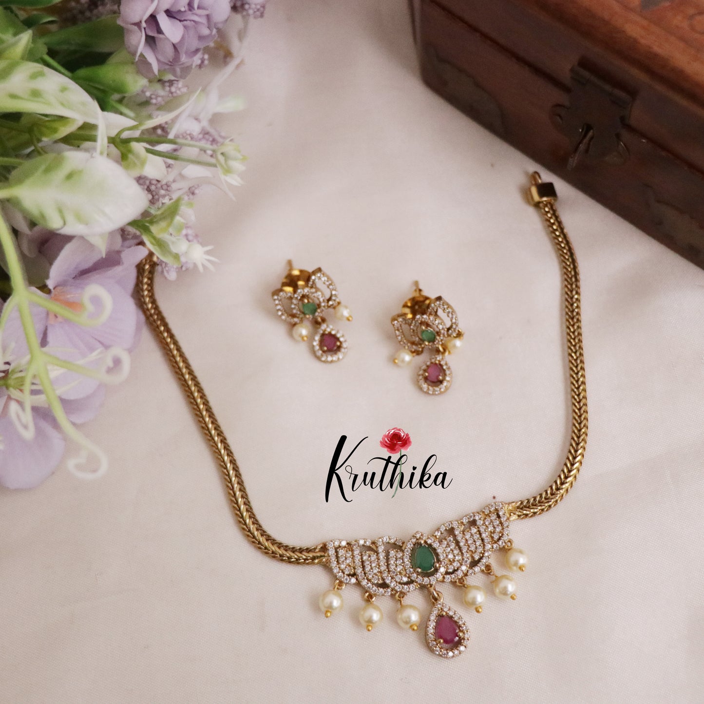 Simple CZ Lotus Design Necklace Set NC2090