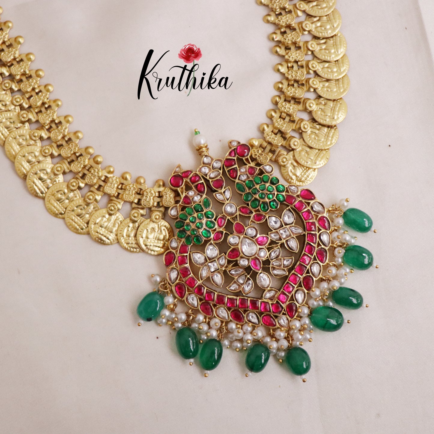 Elegant  Peacock Antique Jadau Kasu Haram with Green Beads LH1920