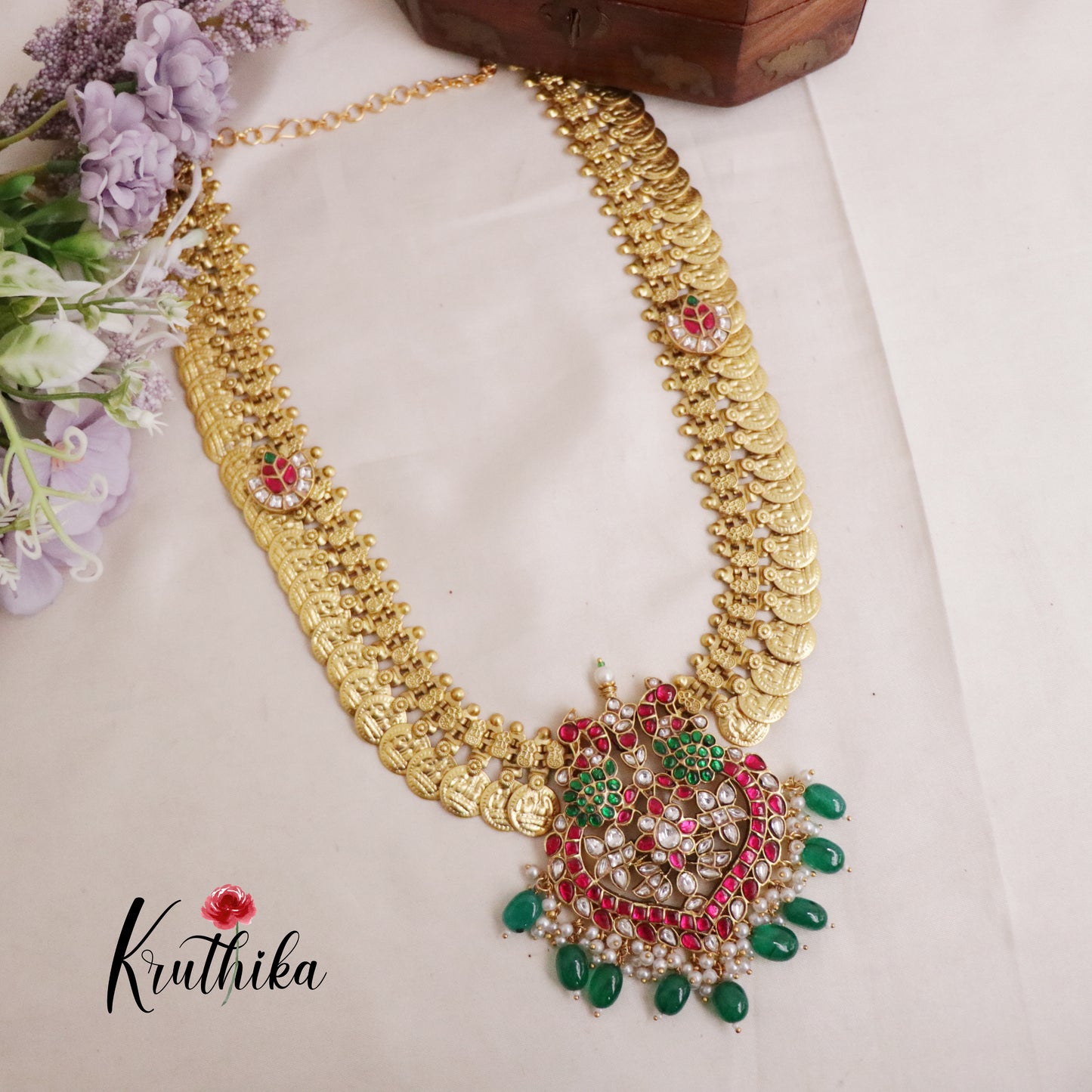 Elegant  Peacock Antique Jadau Kasu Haram with Green Beads LH1920