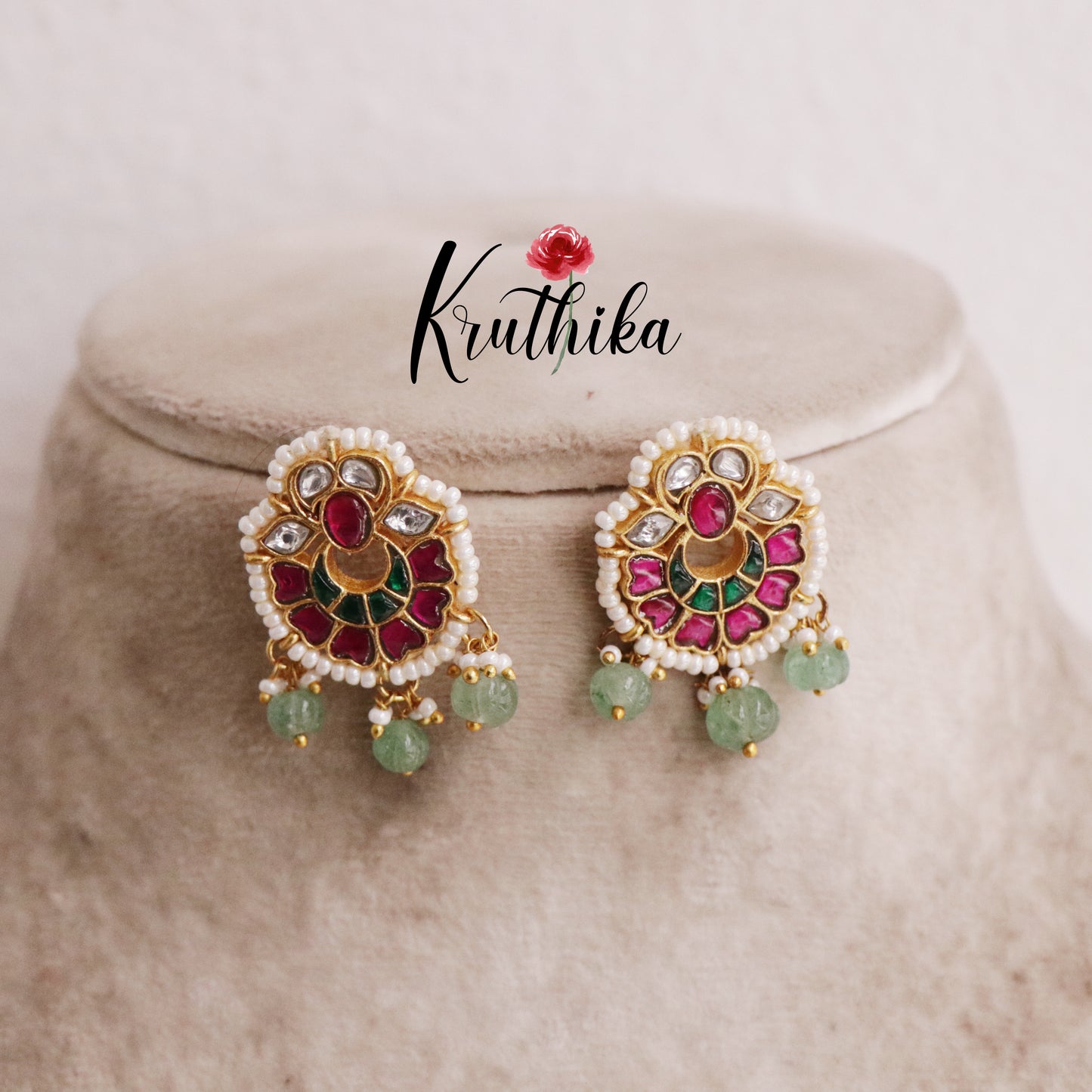 Trendy Chand Bali Jadau Studs with Pastel Green Beads Drops E428