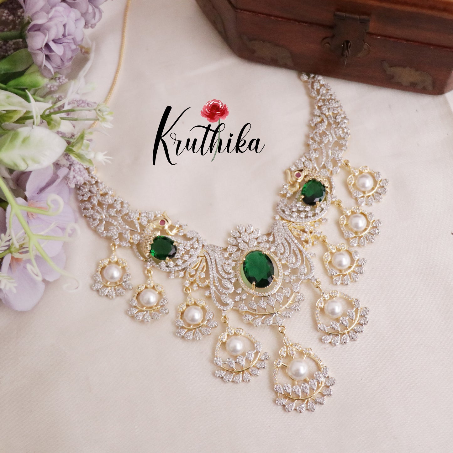 Grand CZ Pearl Bridal Empress Emerald Graceful Drops Necklace Set NC2091