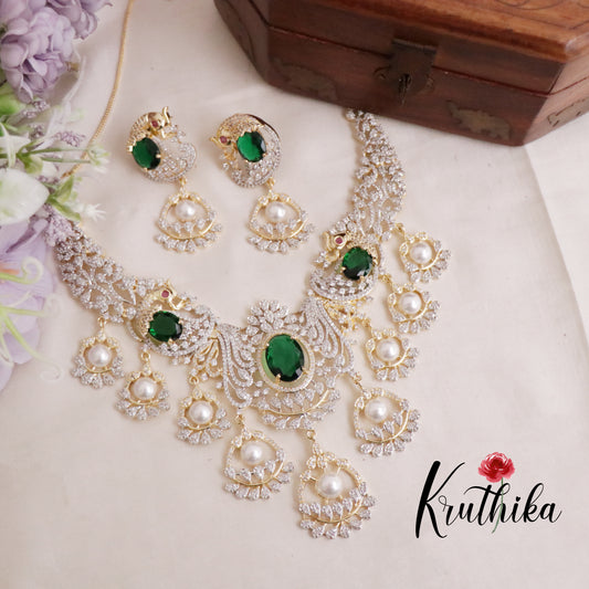 Grand CZ Pearl Bridal Empress Emerald Graceful Drops Necklace Set NC2091