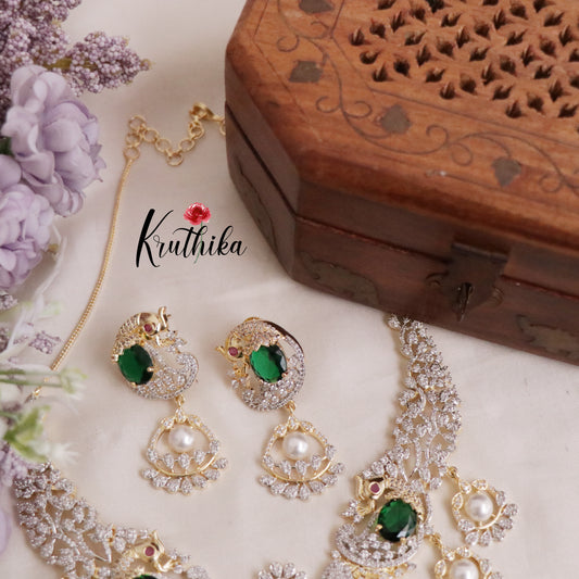 Grand CZ Pearl Bridal Empress Emerald Graceful Drops Necklace Set NC2091