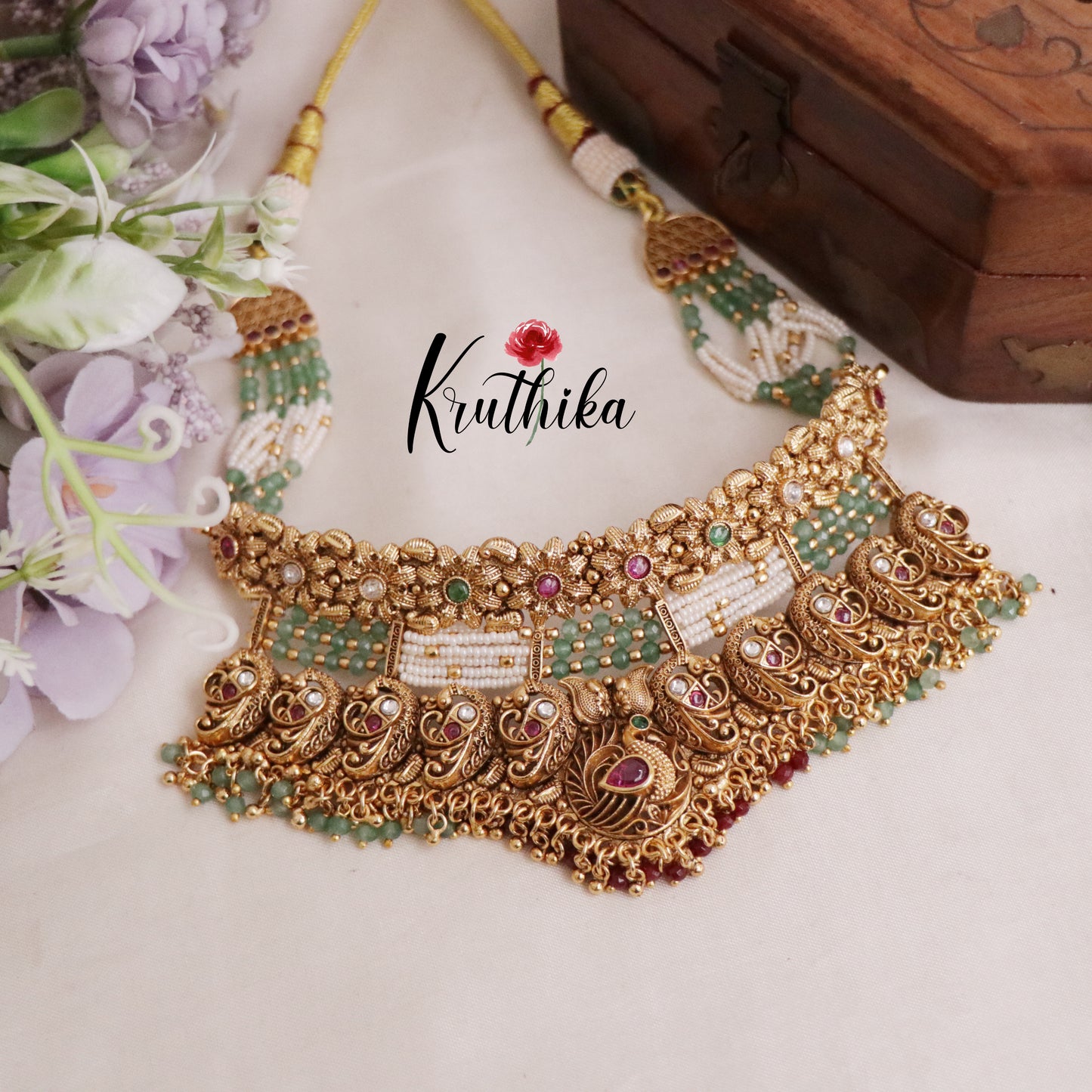 Luxury AD Floral Peacock Design Multi Stone Bridal Choker NC2112