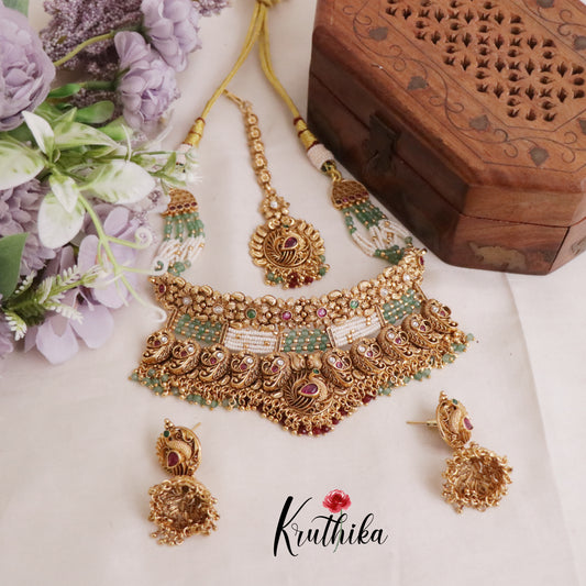 Luxury AD Floral Peacock Design Multi Stone Bridal Choker NC2112