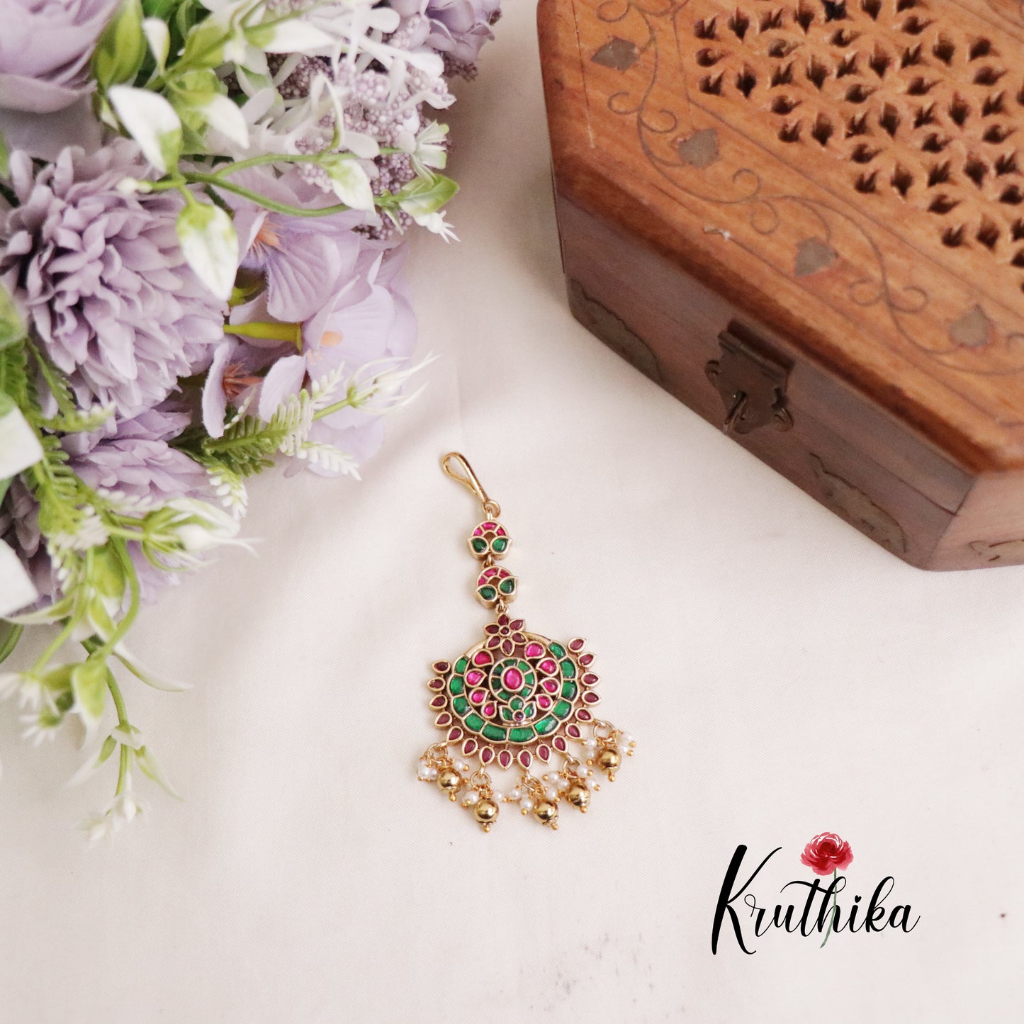 Simple Floral Jadau Maang Tikka MT253  (available in 2 Colours of Beads)