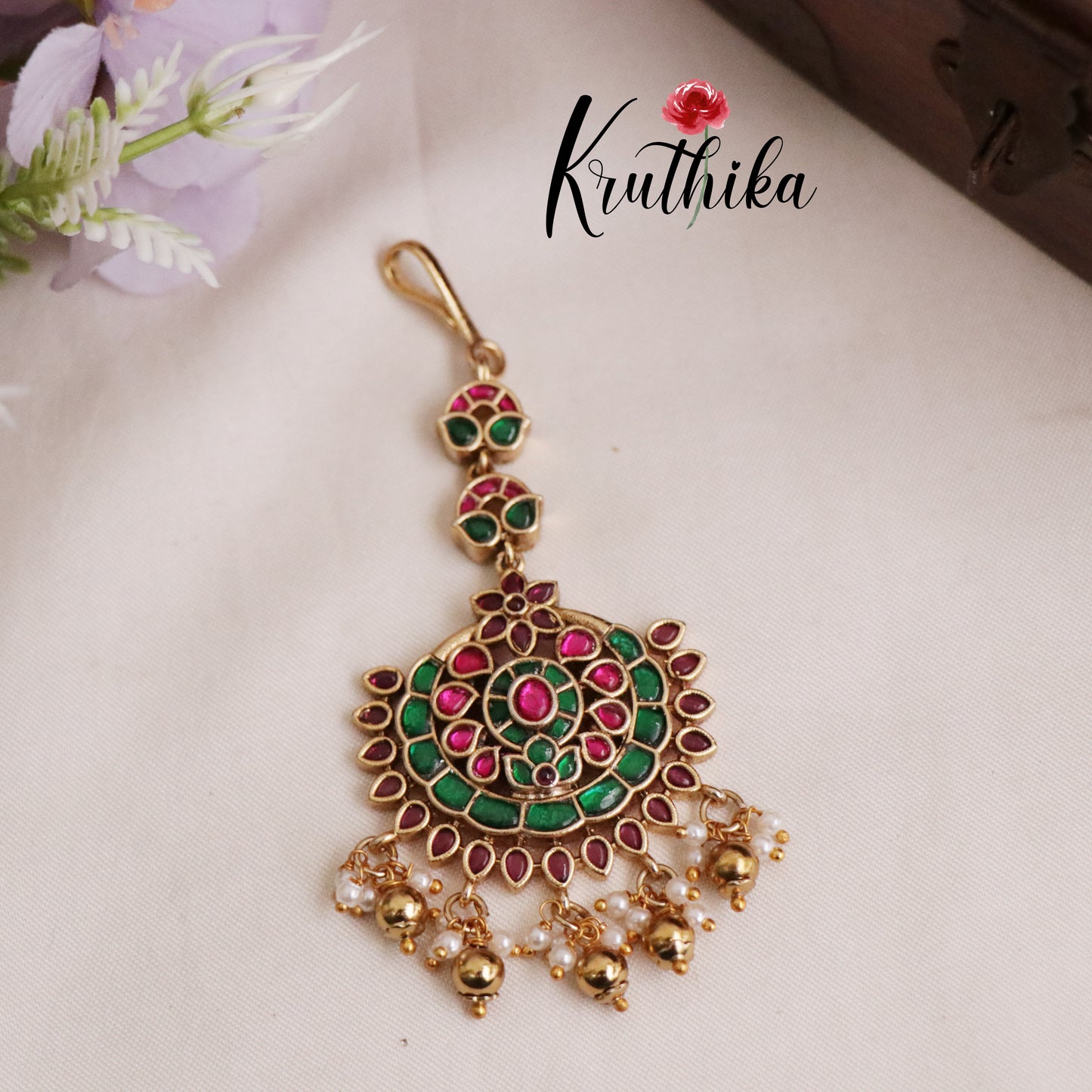 Simple Floral Jadau Maang Tikka MT253  (available in 2 Colours of Beads)