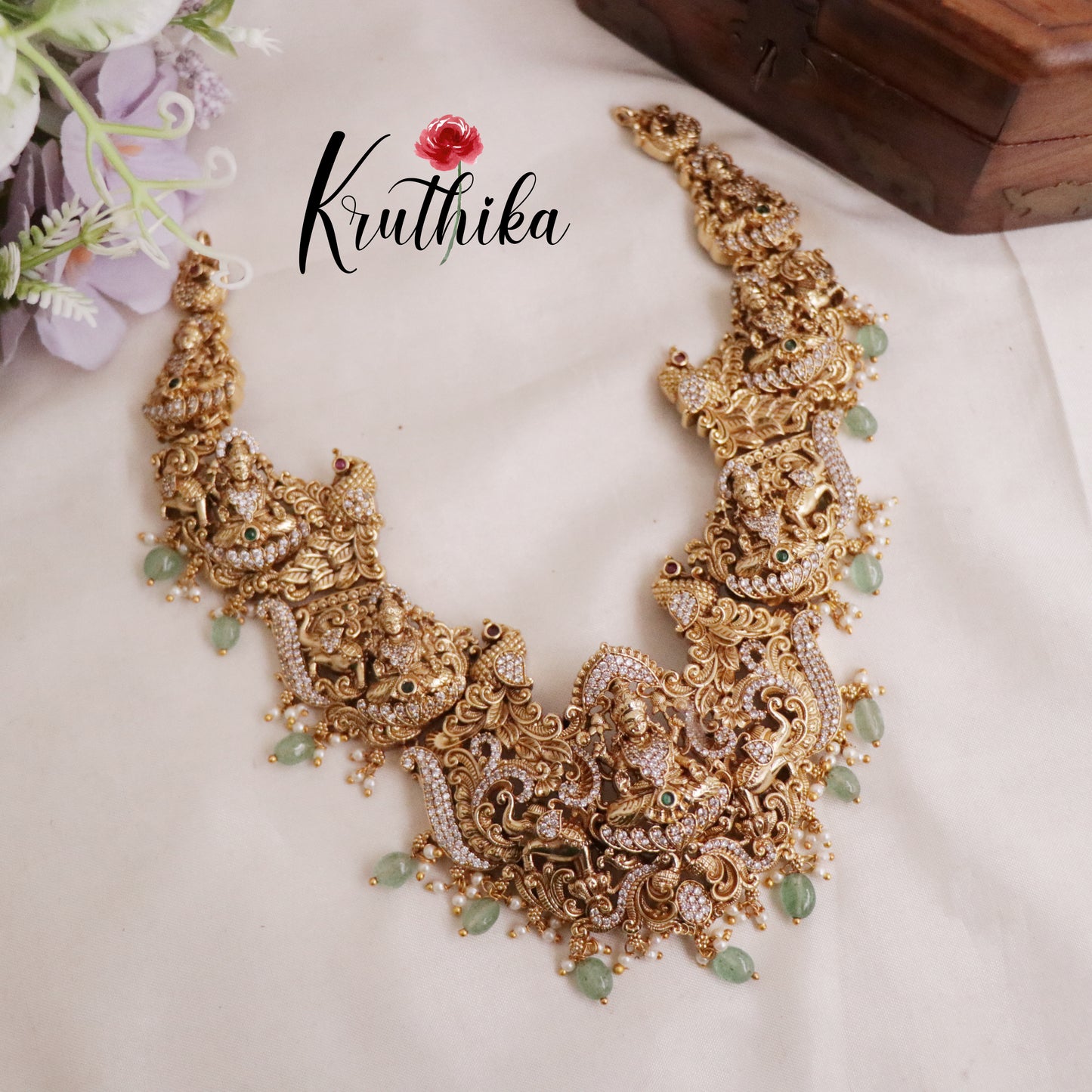 Grand Heavy Bridal CZ Temple Lakshmi with Peacocks Haaram   with Pastel Green Beads NC2113