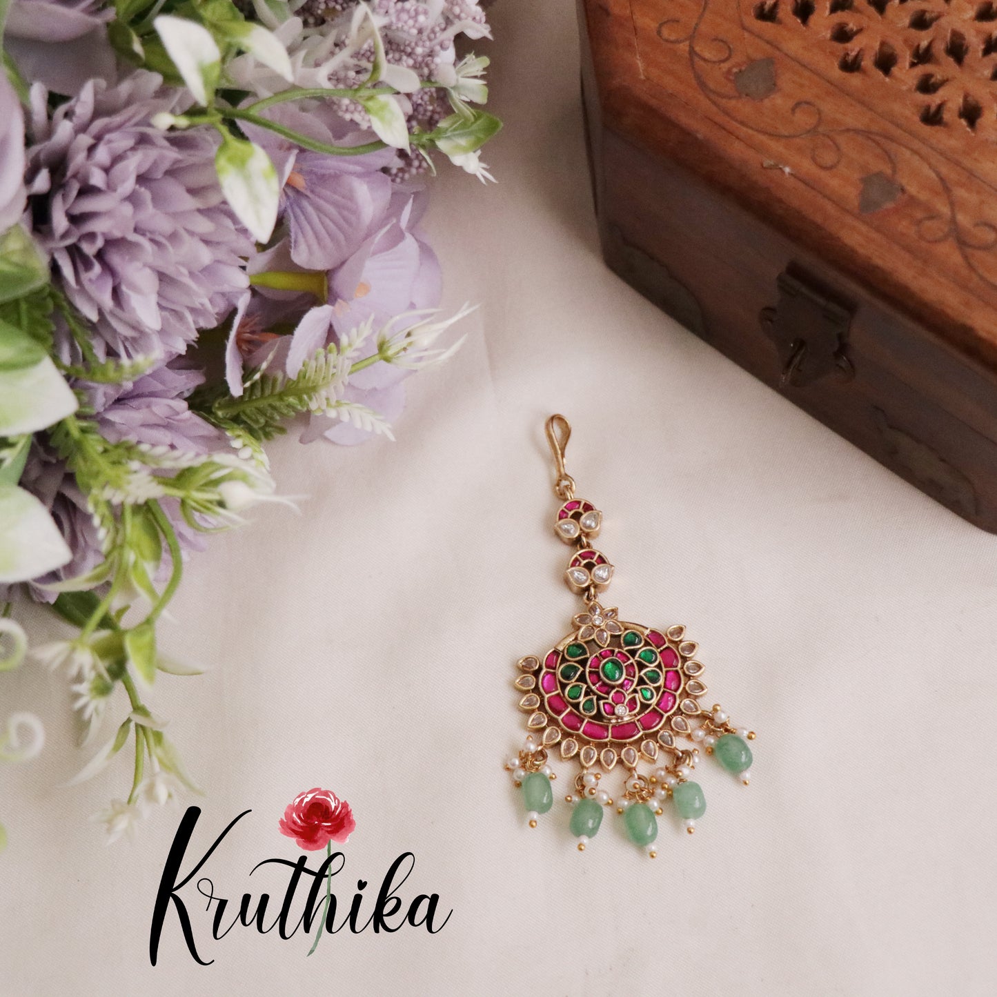Simple Floral Jadau Maang Tikka MT253  (available in 2 Colours of Beads)