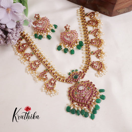 Royal Mayuri Antique Kemp Peacock Necklace with Green Beads drops NC2142