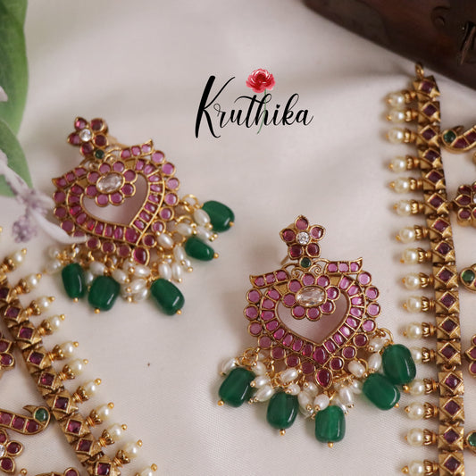 Royal Mayuri Antique Kemp Peacock Necklace with Green Beads drops NC2142