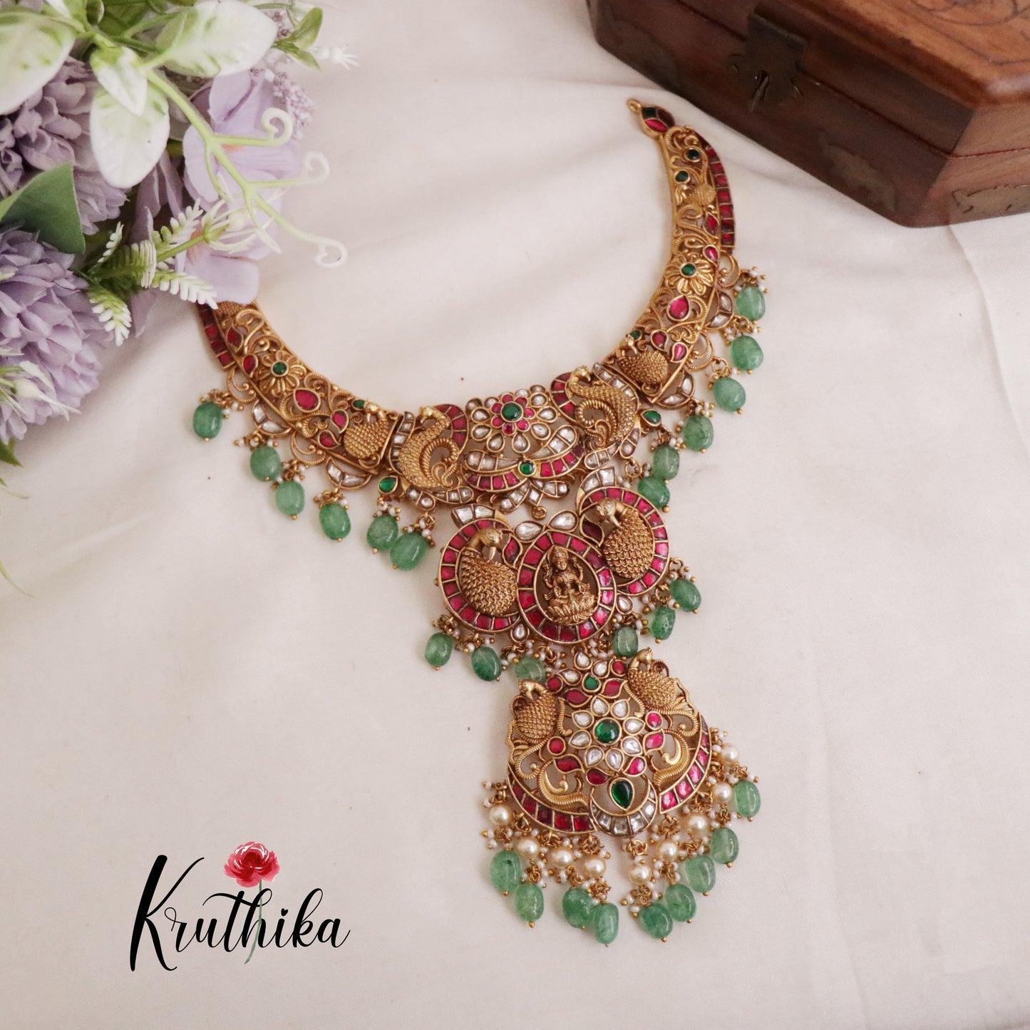 Royal Bridal Peacock Temple Lakshmi Antique Jadau Necklace with Green Beads Drops NC2102
