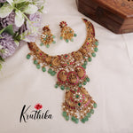 Royal Bridal Peacock Temple Lakshmi Antique Jadau Necklace with Green Beads Drops NC2102