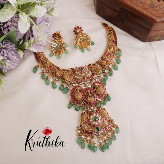 Royal Bridal Peacock Temple Lakshmi Antique Jadau Necklace with Green Beads Drops NC2102