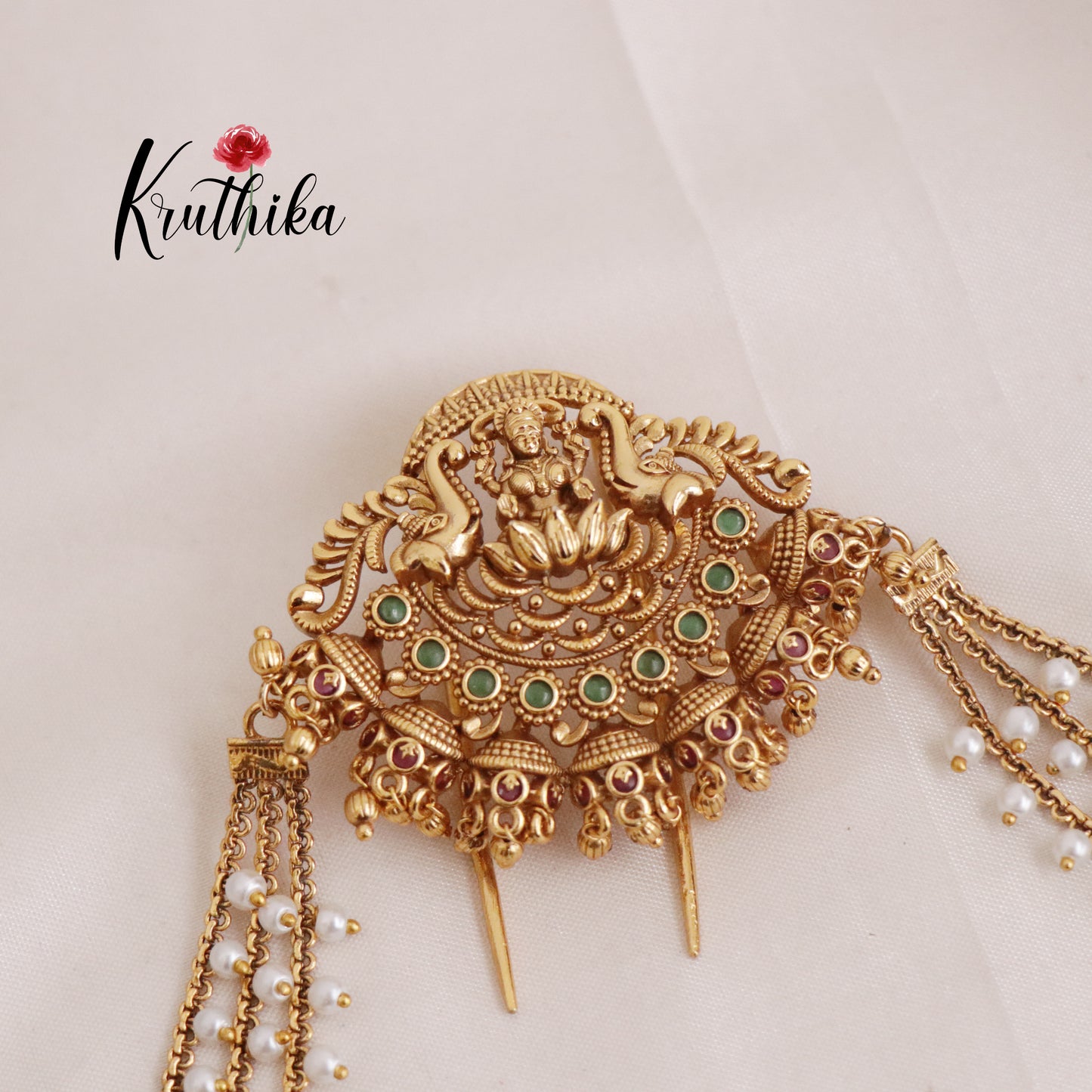 Traditional Antique Lakshmi Jhumka Jada Billa With Triple Strand Pearl Drop Chains J275