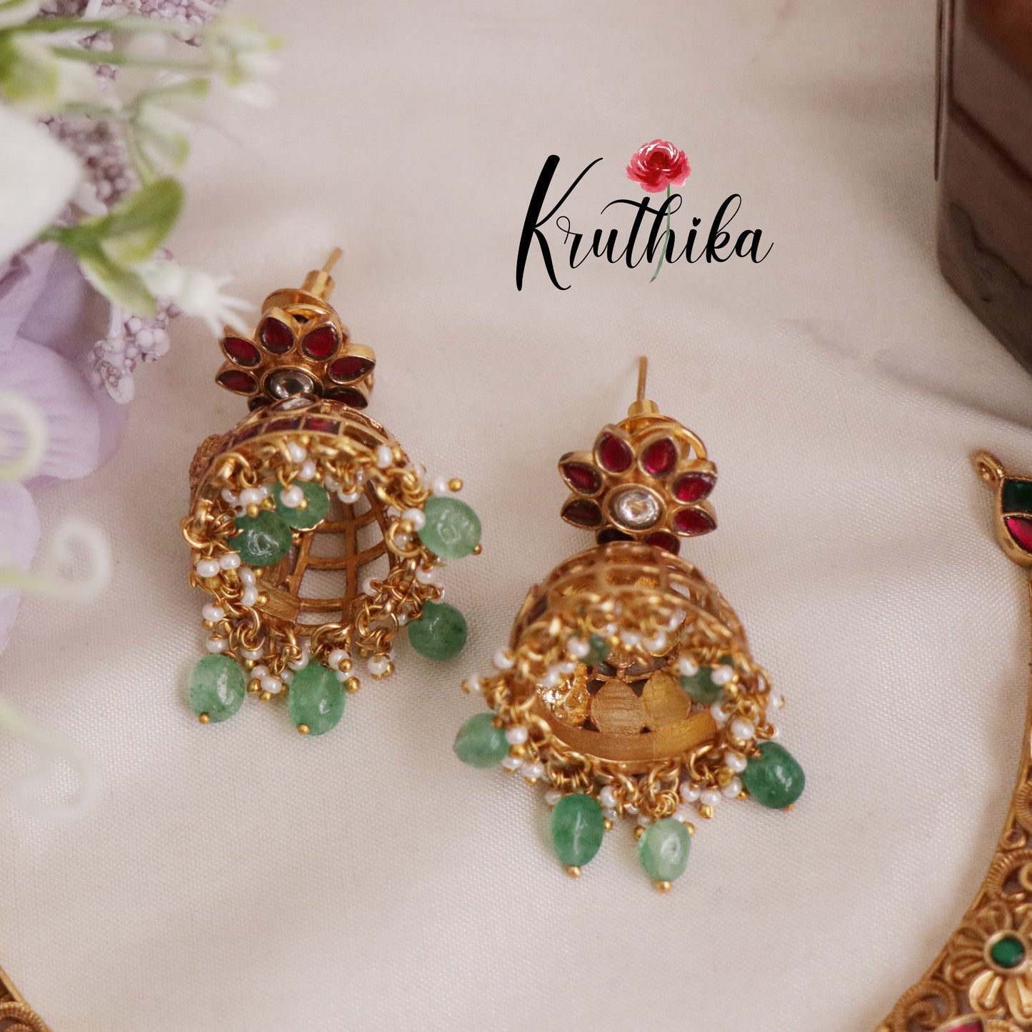 Royal Bridal Peacock Temple Lakshmi Antique Jadau Necklace with Green Beads Drops NC2102