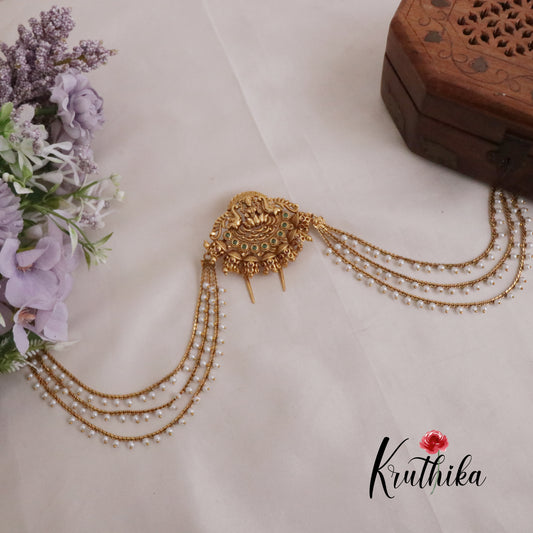 Traditional Antique Lakshmi Jhumka Jada Billa With Triple Strand Pearl Drop Chains J275