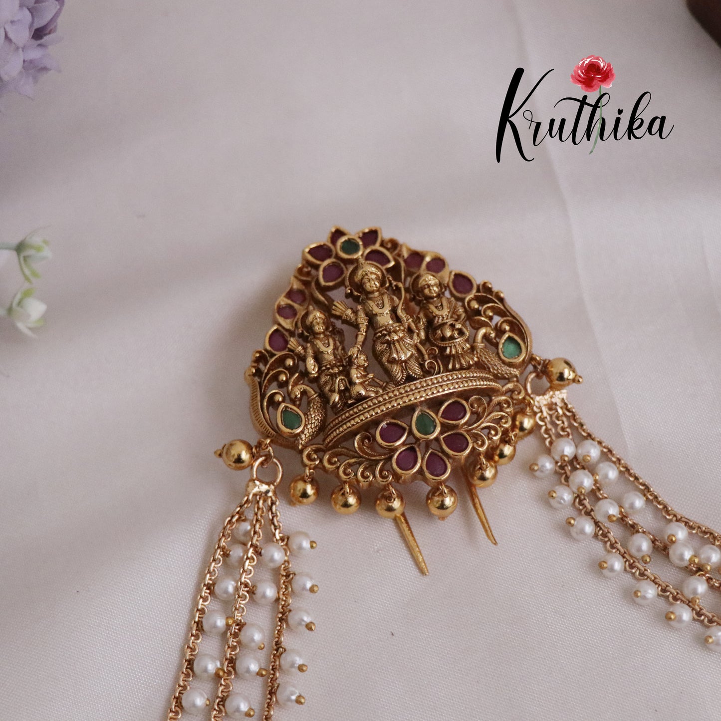 Premium Antique Sita Rama Lakshmana Motifs Jada Billa With Triple Strand Pearl Drop Chains J276