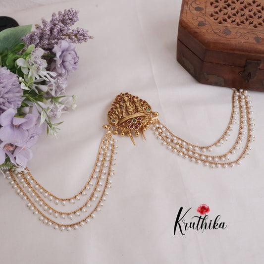 Premium Antique Sita Rama Lakshmana Motifs Jada Billa With Triple Strand Pearl Drop Chains J276