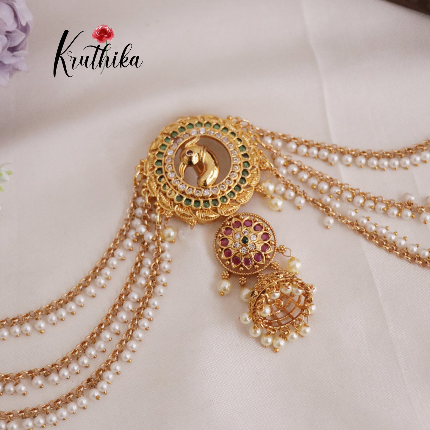 Gorgeous Kemp Peacock Motif Jhumka Jada Billa With Triple Strand Pearl Drop Chains J277