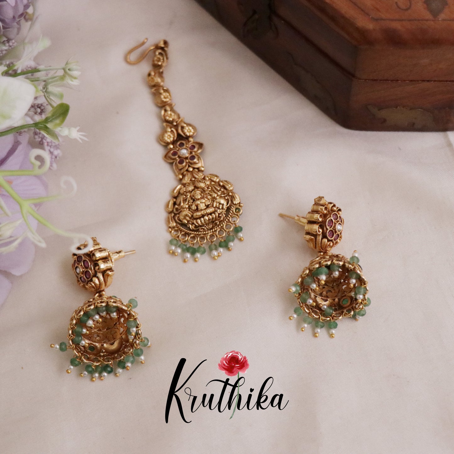 Exclusive Bridal Temple Lakshmi Devi AD Jadau Chocker with Pastel Green Beads NC2111