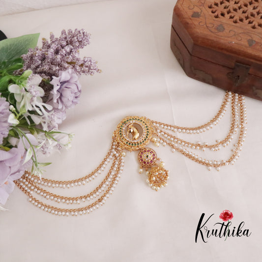 Gorgeous Kemp Peacock Motif Jhumka Jada Billa With Triple Strand Pearl Drop Chains J277