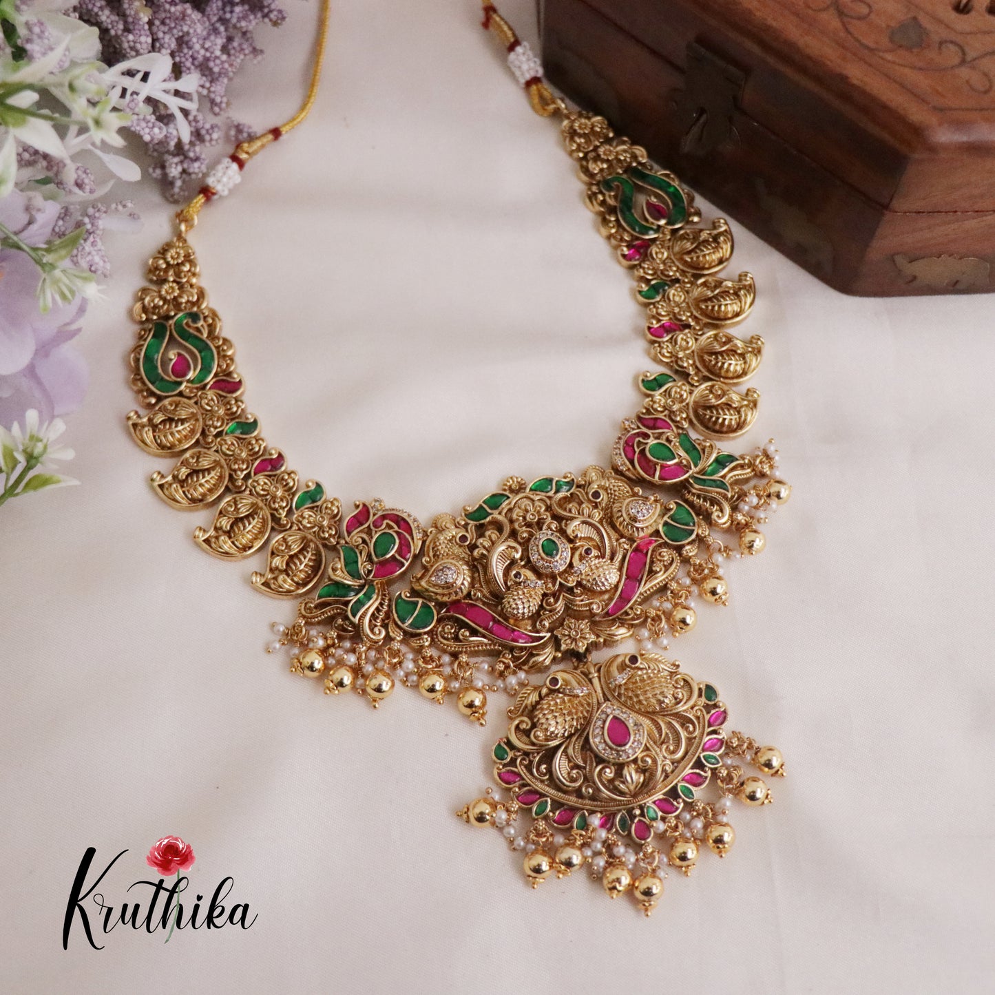 Royal Bridal Antique Lakshmi & Peacock Jadau Necklace with Golden Beads Drops NC2116