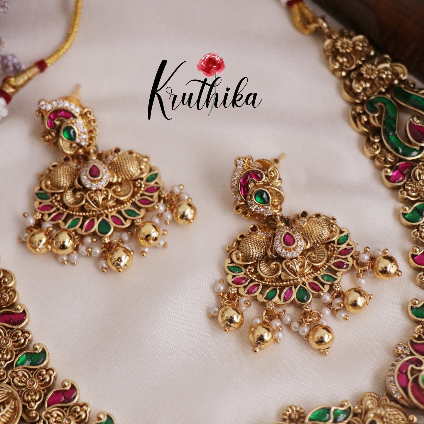Royal Bridal Antique Lakshmi & Peacock Jadau Necklace with Golden Beads Drops NC2116