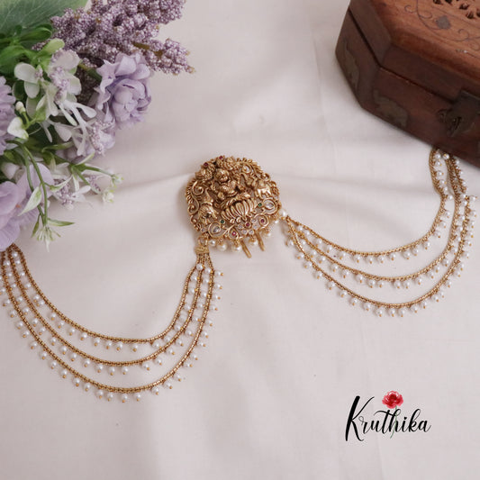 Traditional Antique Lakshmi Elephant Motifs Jada Billa With Triple Strand Pearl Bead Chains J279