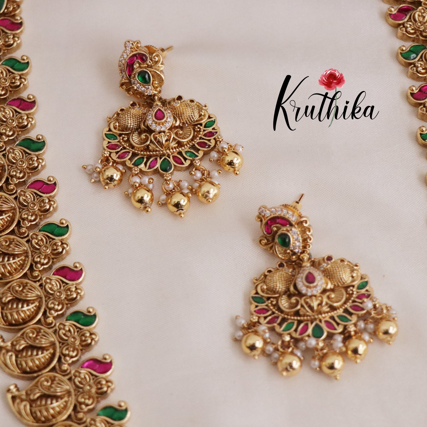 Royal Bridal Antique Lakshmi & Peacock Jadau Haaram with Golden Beads Drops LH1921