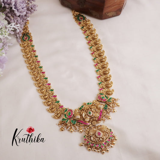 Royal Bridal Antique Lakshmi & Peacock Jadau Haaram with Golden Beads Drops LH1921