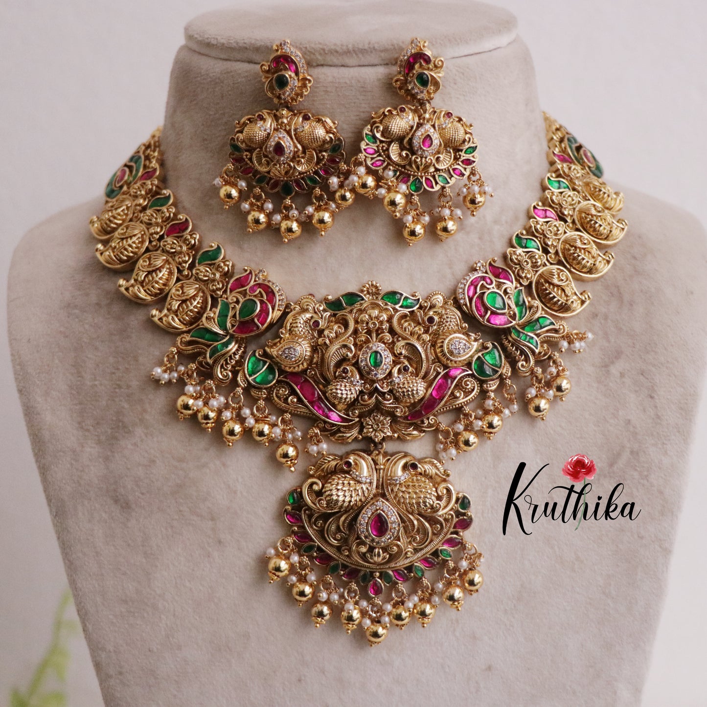 Royal Bridal Antique Lakshmi & Peacock Jadau Necklace with Golden Beads Drops NC2116