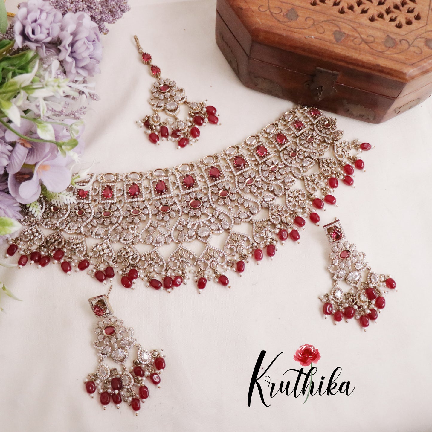 Royal AD/Victorian Necklace with Pair of Earrings & Maang Tikka NC2077(Available in 5 Colours)