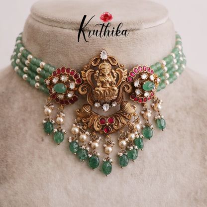 Beautiful Lakshmi Peacock Jadau Chocker Beads NC2106 (Available in 2 Colour Beads)