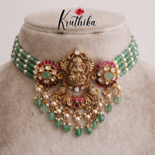 Beautiful Lakshmi Peacock Jadau Chocker Beads NC2106 (Available in 2 Colour Beads)