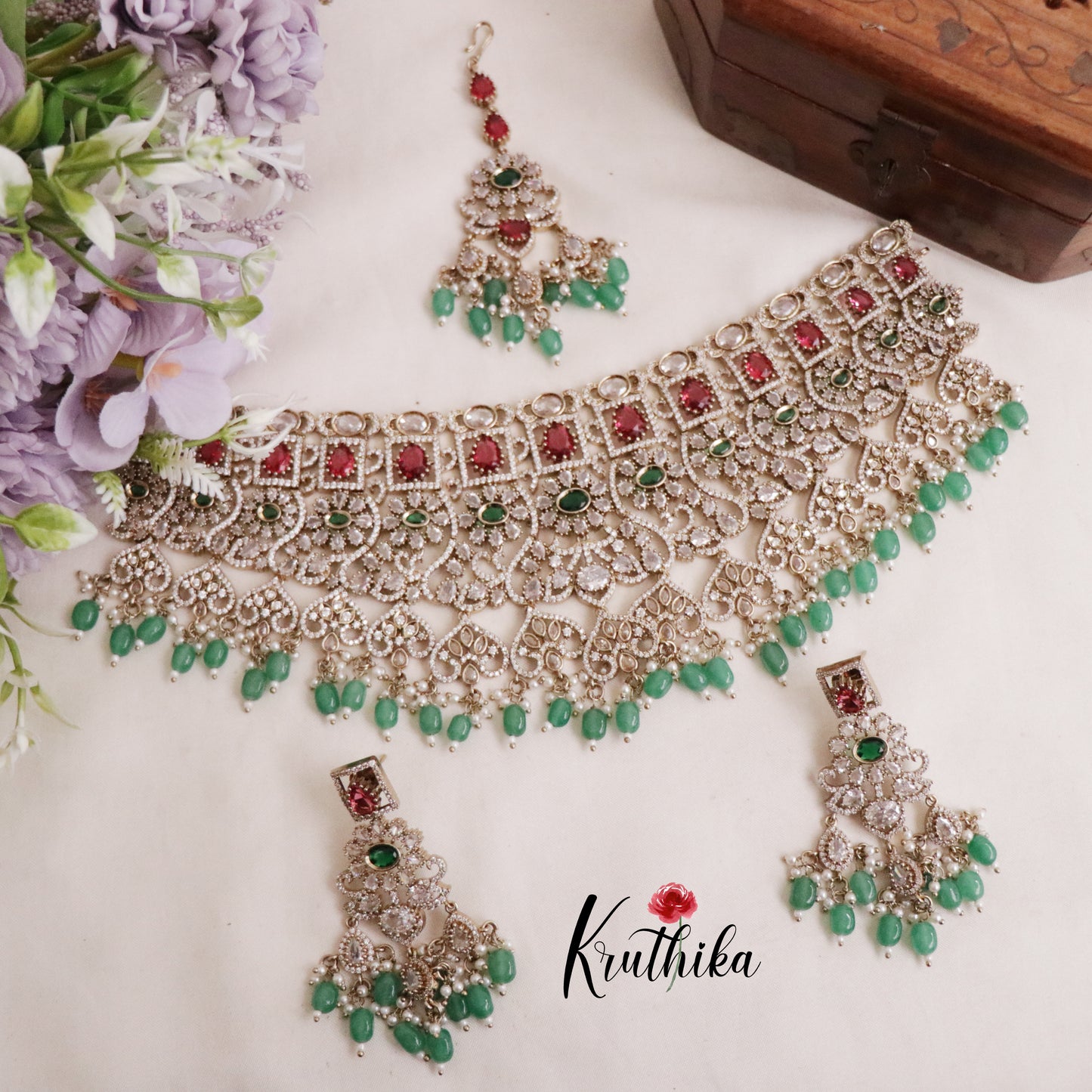 Royal AD/Victorian Necklace with Pair of Earrings & Maang Tikka NC2077(Available in 5 Colours)