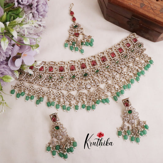 Royal AD/Victorian Necklace with Pair of Earrings & Maang Tikka NC2077(Available in 5 Colours)