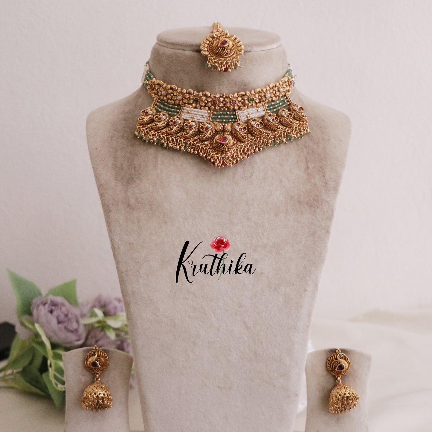 Luxury AD Floral Peacock Design Multi Stone Bridal Choker NC2112