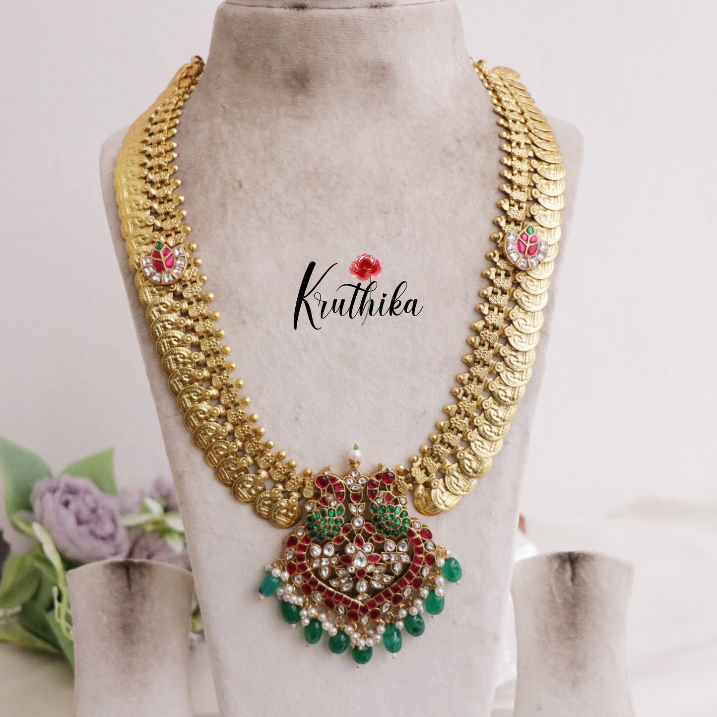 Elegant  Peacock Antique Jadau Kasu Haram with Green Beads LH1920
