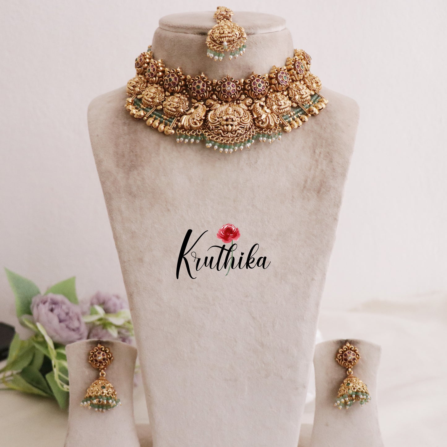 Exclusive Bridal Temple Lakshmi Devi AD Jadau Chocker with Pastel Green Beads NC2111