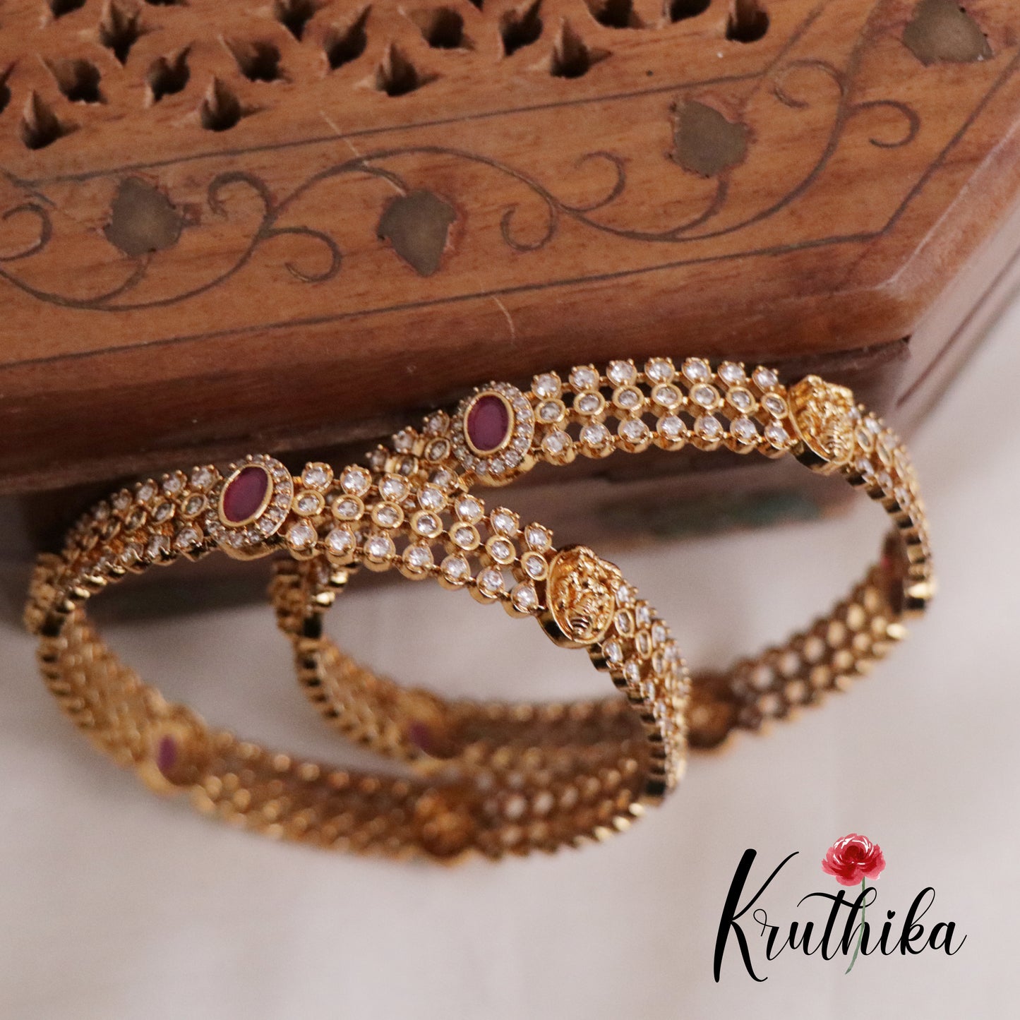 Elegant Lakshmi Motifs With Kemp Stone Bangles B378 (Set Of 2)