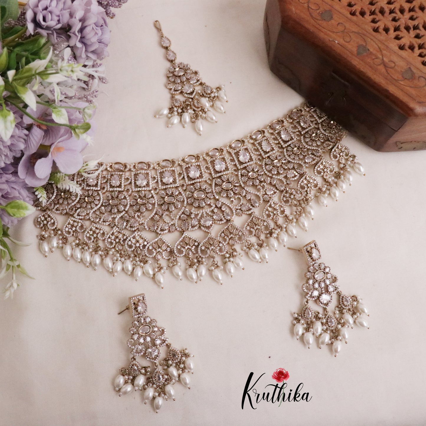 Royal AD/Victorian Necklace with Pair of Earrings & Maang Tikka NC2077(Available in 5 Colours)