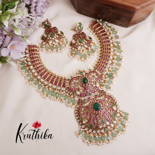 Royal Bridal Jadau Peacock Jadau Necklace with Geen Beads NC2088