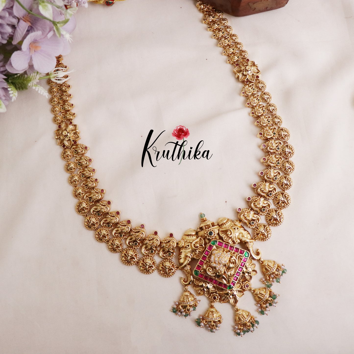 Grand Elephant Antique Jadau Haaram and Jhumka Drops LH1913