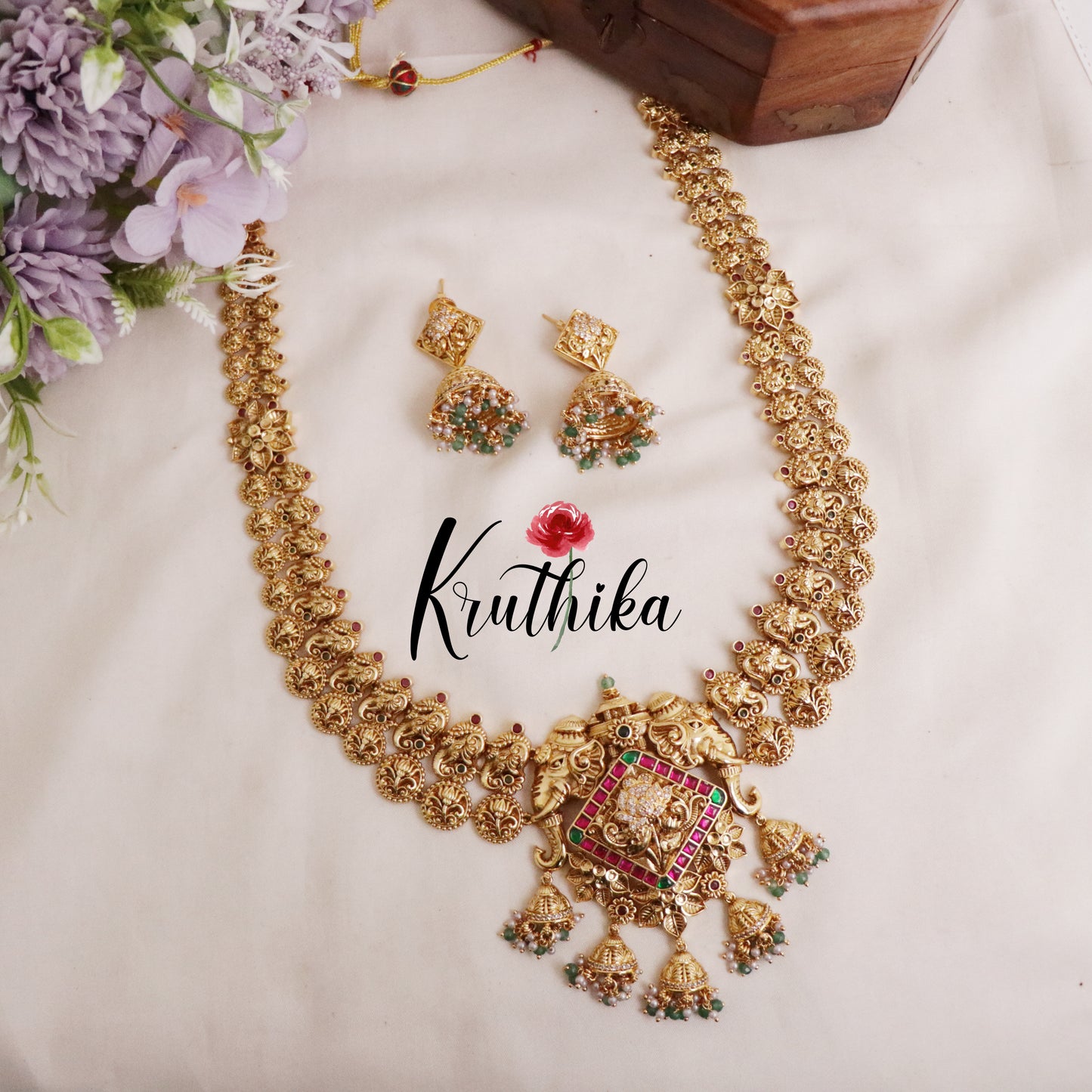 Grand Elephant Antique Jadau Haaram and Jhumka Drops LH1913