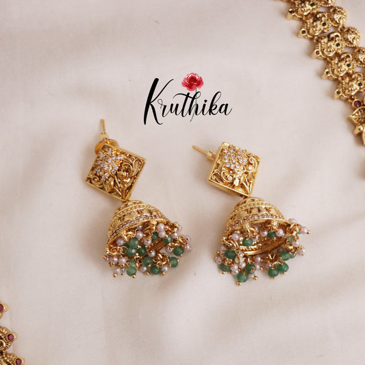 Grand Elephant Antique Jadau Haaram and Jhumka Drops LH1913