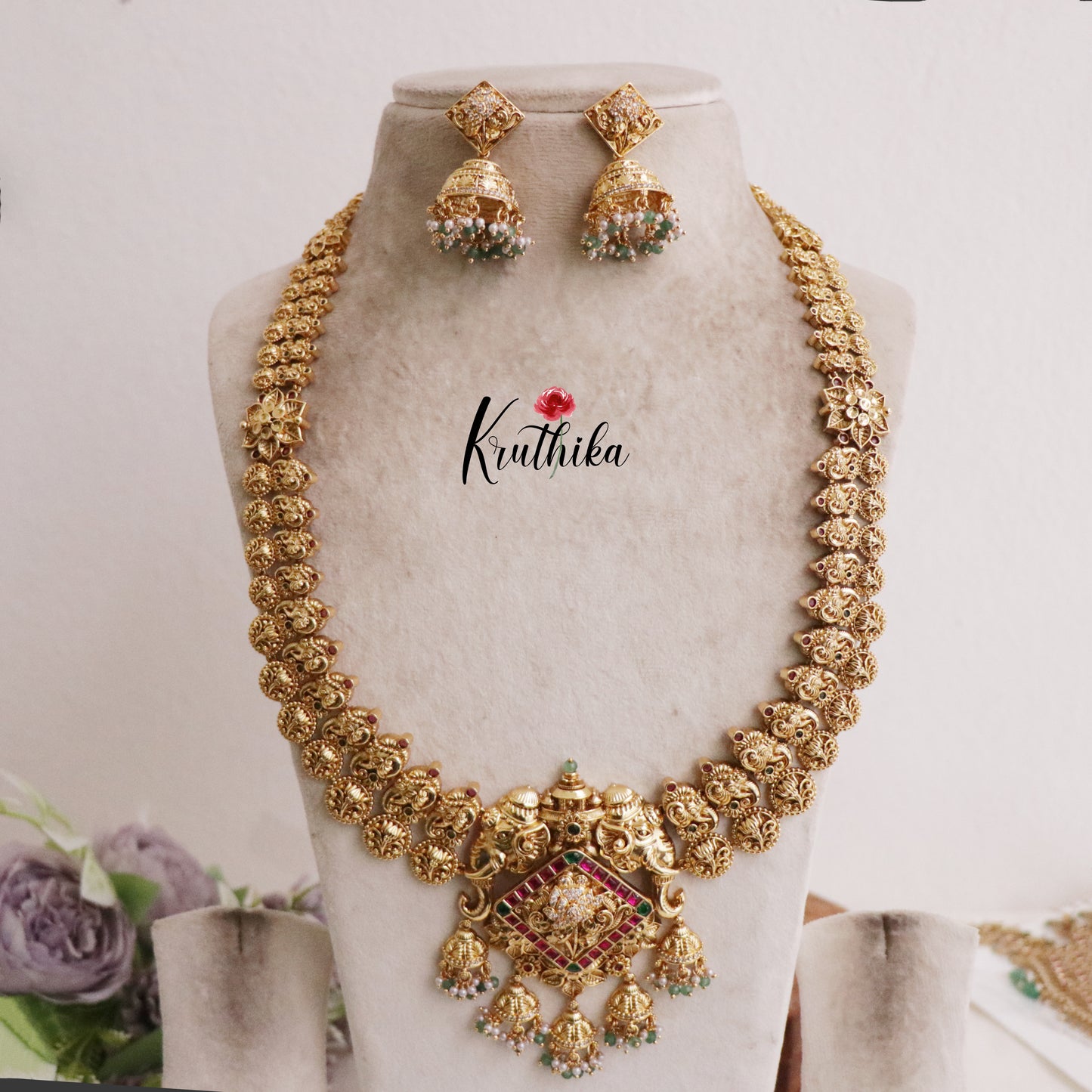Grand Elephant Antique Jadau Haaram and Jhumka Drops LH1913