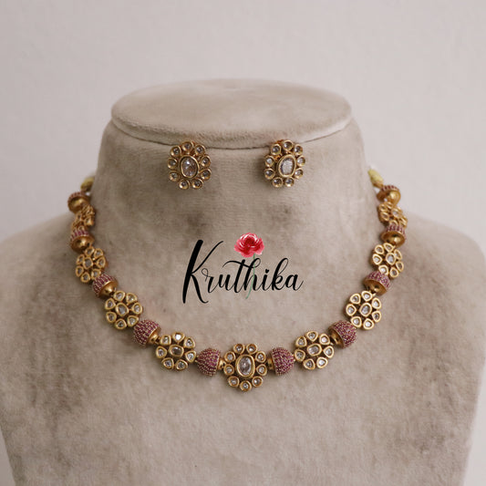 Beautiful Gold Plated Floral Kundan Stone Studded Necklace with Earrings NC2083 (Available in 3 Colours)