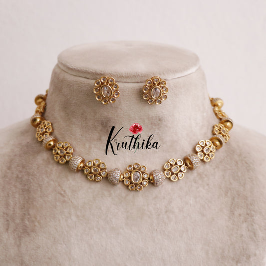 Beautiful Gold Plated Floral Kundan Stone Studded Necklace with Earrings NC2083 (Available in 3 Colours)